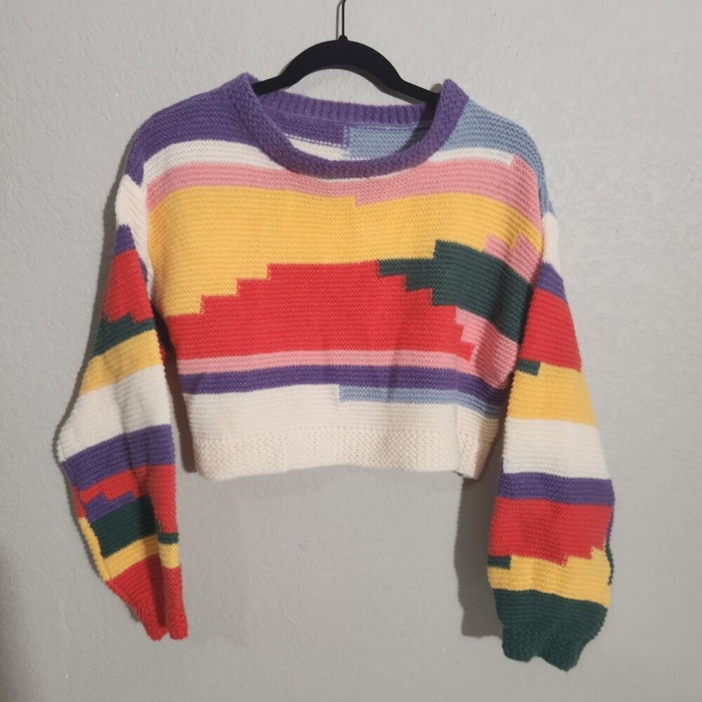 Shein  Sweater Cropped Knit Pixelated Stripes Patchwork Medium Crop top